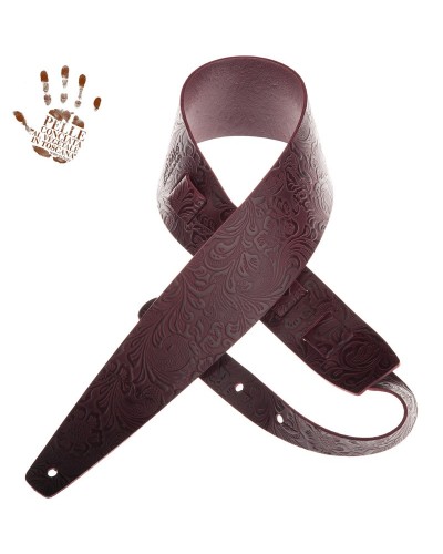 Guitar Strap Bordeaux Certified Vegetable Tanned Leather 8 Cm Flores Holes HC Embossed