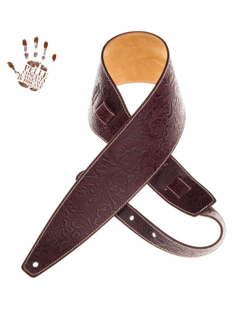 Guitar Strap Bordeaux Certified Vegetable Tanned Leather 10 Cm Flores Holes HS Embossed