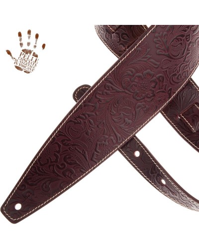 Guitar Strap Bordeaux Certified Vegetable Tanned Leather 10 Cm Flores Holes HS Embossed