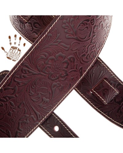 Guitar Strap Bordeaux Certified Vegetable Tanned Leather 10 Cm Flores Holes HS Embossed