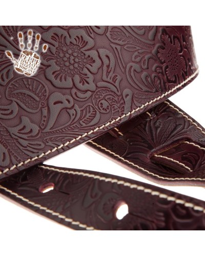 Guitar Strap Bordeaux Certified Vegetable Tanned Leather 10 Cm Flores Holes HS Embossed