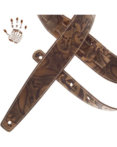 Guitar Strap Bronze Certified Vegetable Tanned Leather 6 Cm Holes HS Embossed