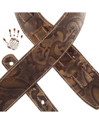 Guitar Strap Bronze Certified Vegetable Tanned Leather 6 Cm Holes HS Embossed