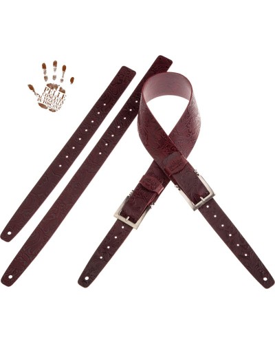 Guitar Strap Bordeaux Certified Vegetable Tanned Leather 7 Cm Meccano Flores Twin Buckle TC Embossed