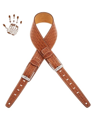 Guitar Strap Brown Certified Vegetable Tanned Leather 7 Cm Tongue Intreccio Twin Buckle TS Embossed