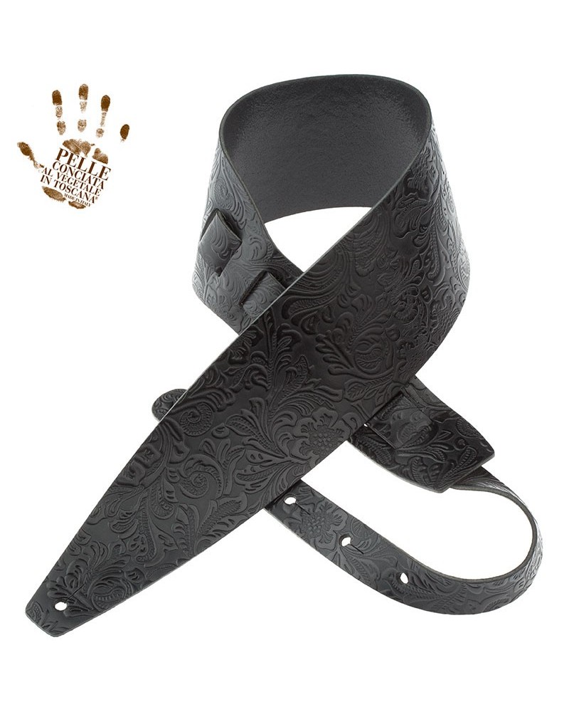 Guitar Strap Black Certified Vegetable Tanned Leather 10 Cm Flores Holes HC Embossed