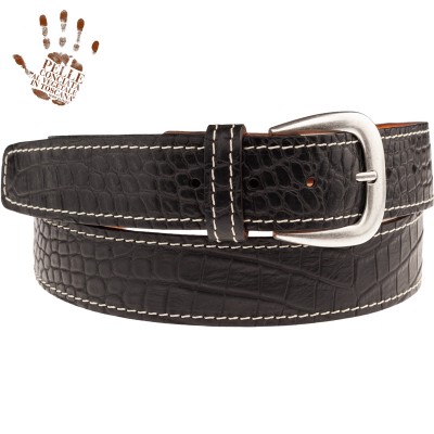 BELT BS Cintura in Vera Pelle Embossed Cocco Pros Nero fibbia Classic Argento