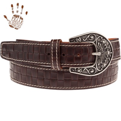 BELT BS Cintura in Vera Pelle Embossed Inteccio Marrone fibbia El Charro Argento