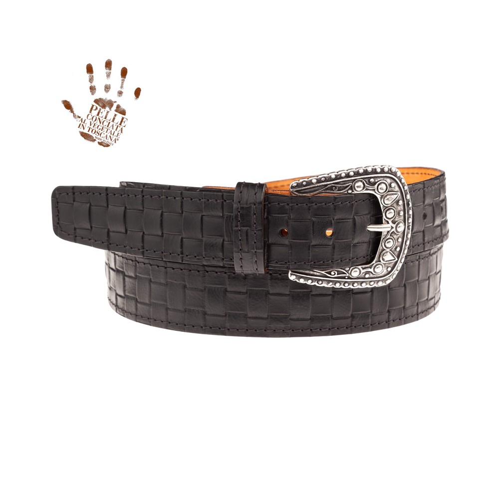 BELT BS Cintura in Vera Pelle Embossed Inteccio Nero fibbia Drop Argento