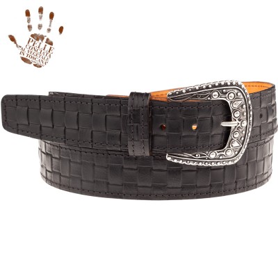 BELT BS Cintura in Vera Pelle Embossed Inteccio Nero fibbia Drop Argento