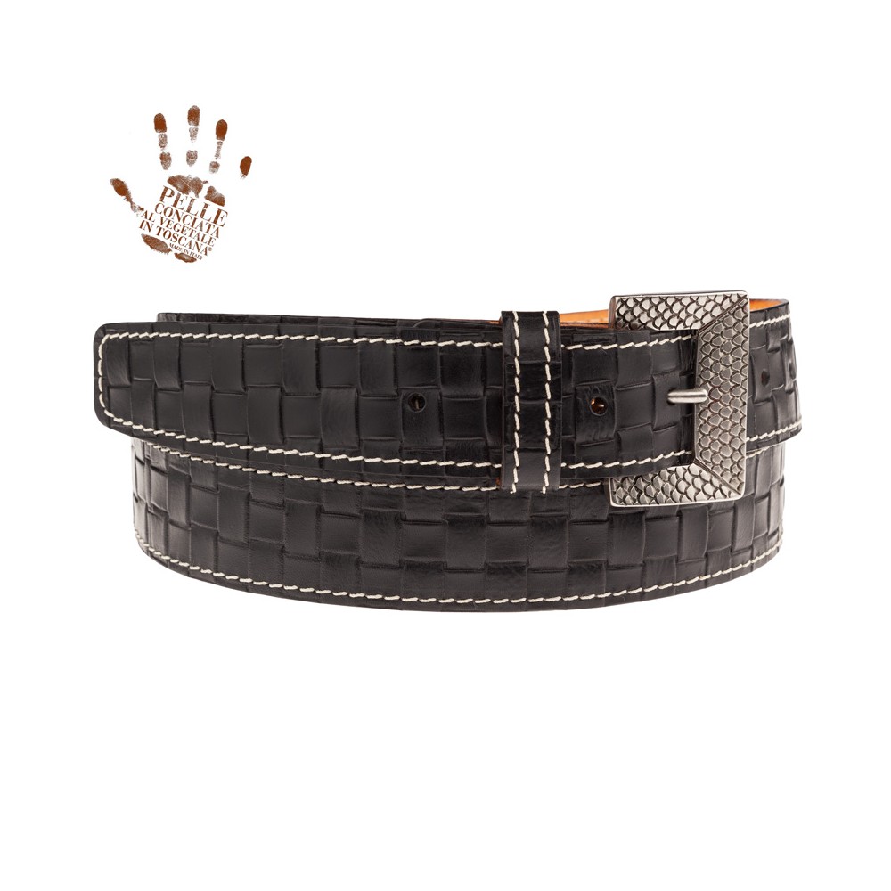 BELT BS Cintura in Vera Pelle Embossed Inteccio Nero fibbia Scaled Argento