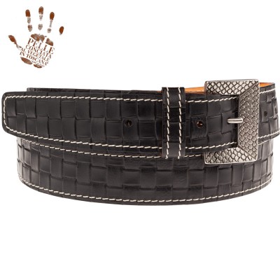 BELT BS Cintura in Vera Pelle Embossed Inteccio Nero fibbia Scaled Argento