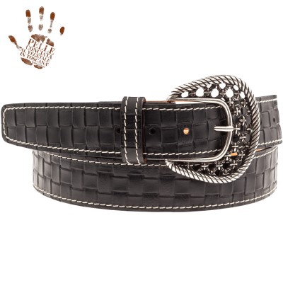 BELT BS Cintura in Vera Pelle Embossed Inteccio Nero fibbia Woven Argento