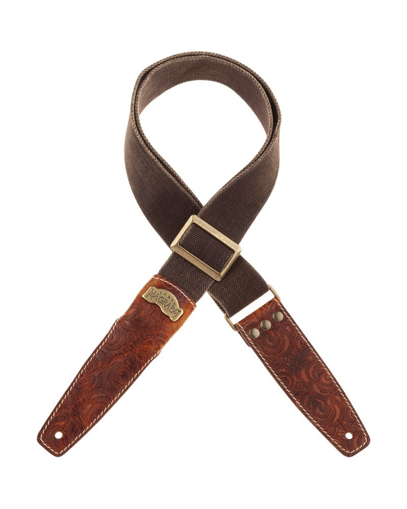 Guitar Strap Brown Cotton And Genuine Leather 5 Cm Ciler Embossed Stripe SS Cotton Washed