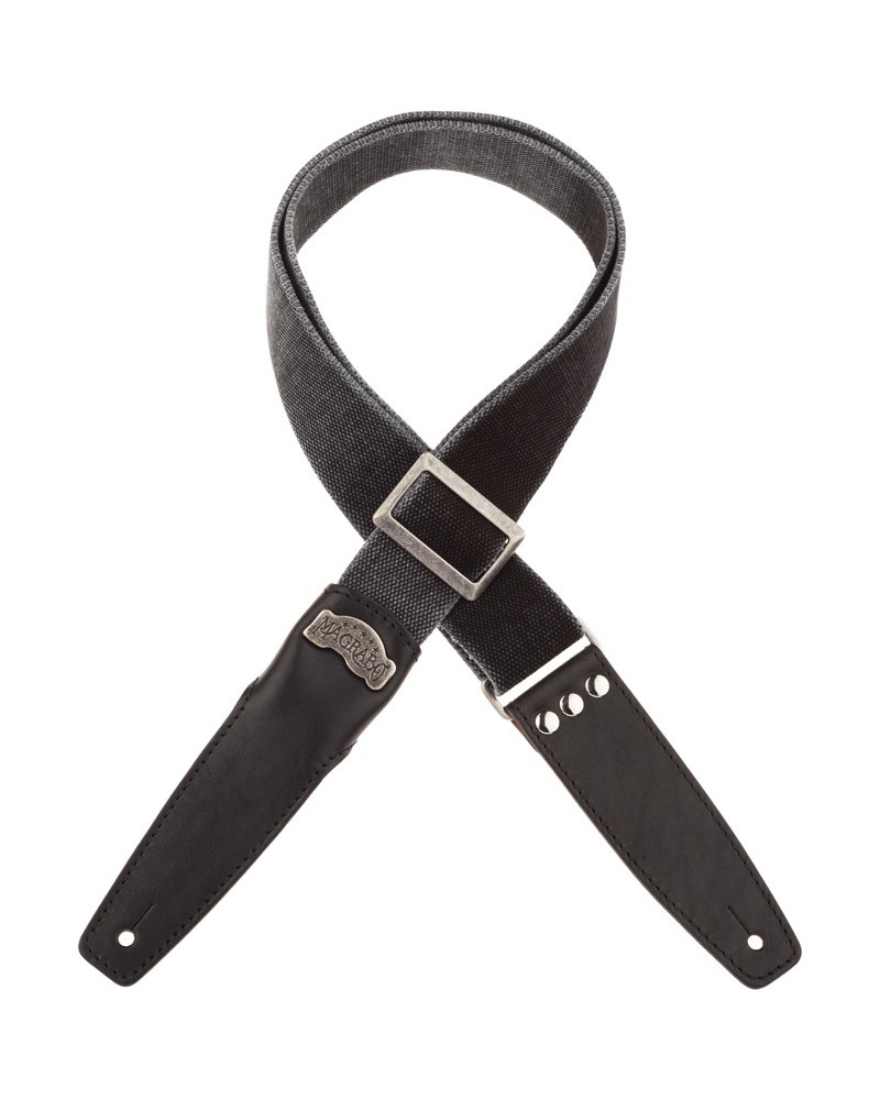 Guitar Strap Black Cotton And Genuine Leather 5 Cm Core Stripe SS Cotton Washed