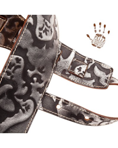 Guitar Strap Silver Certified Vegetable Tanned Leather 10 Cm Holes HS Embossed