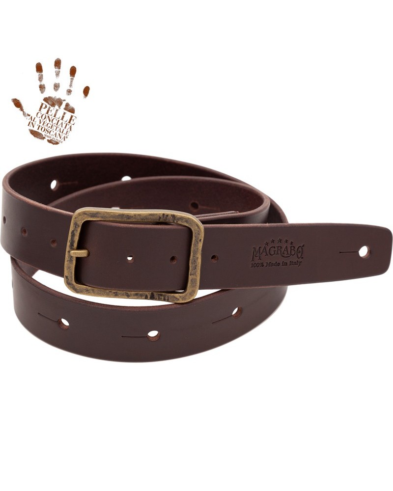 belt & strap cintura in vera pelle di toro marrone scuro 4 cm, fibbia old square ottone