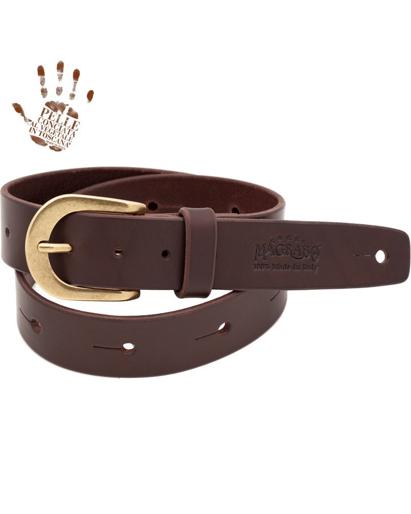 belt & strap cintura in vera pelle di toro marrone scuro 4 cm, fibbia round ottone