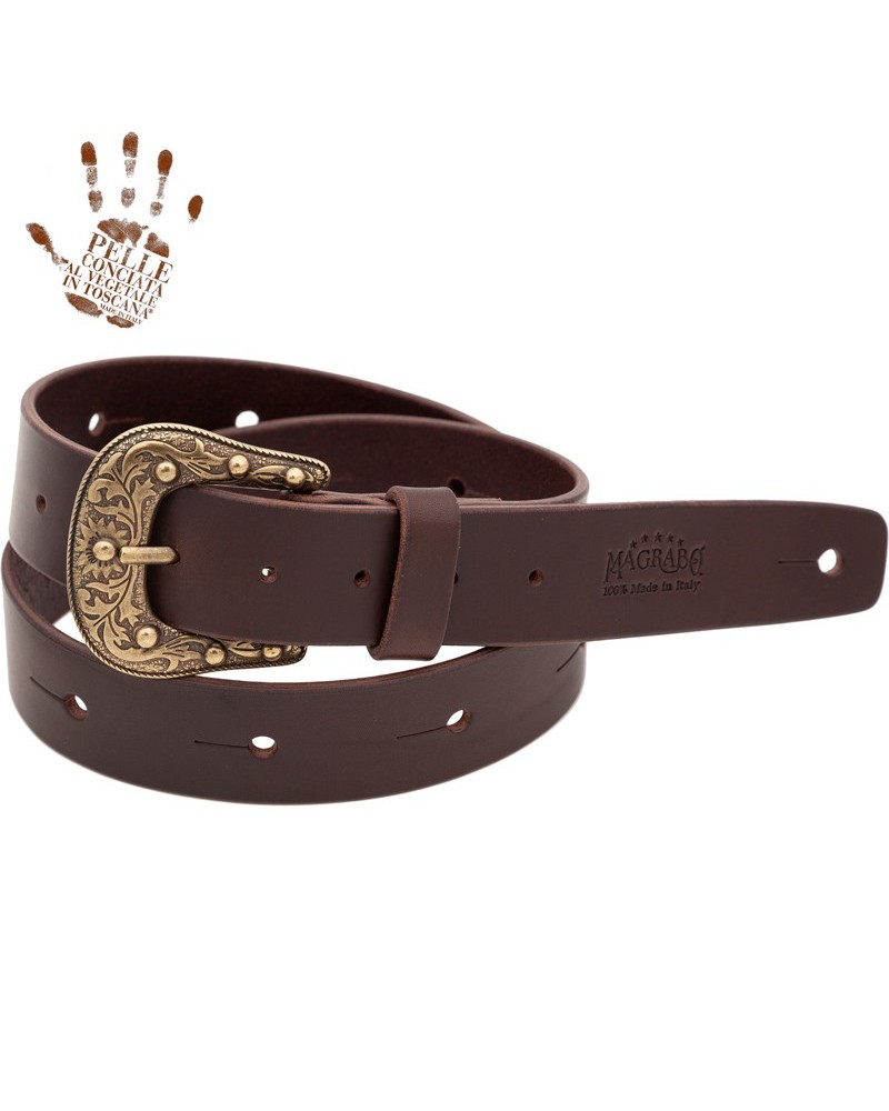 belt & strap cintura in vera pelle di toro marrone scuro 4 cm, fibbia sun ottone