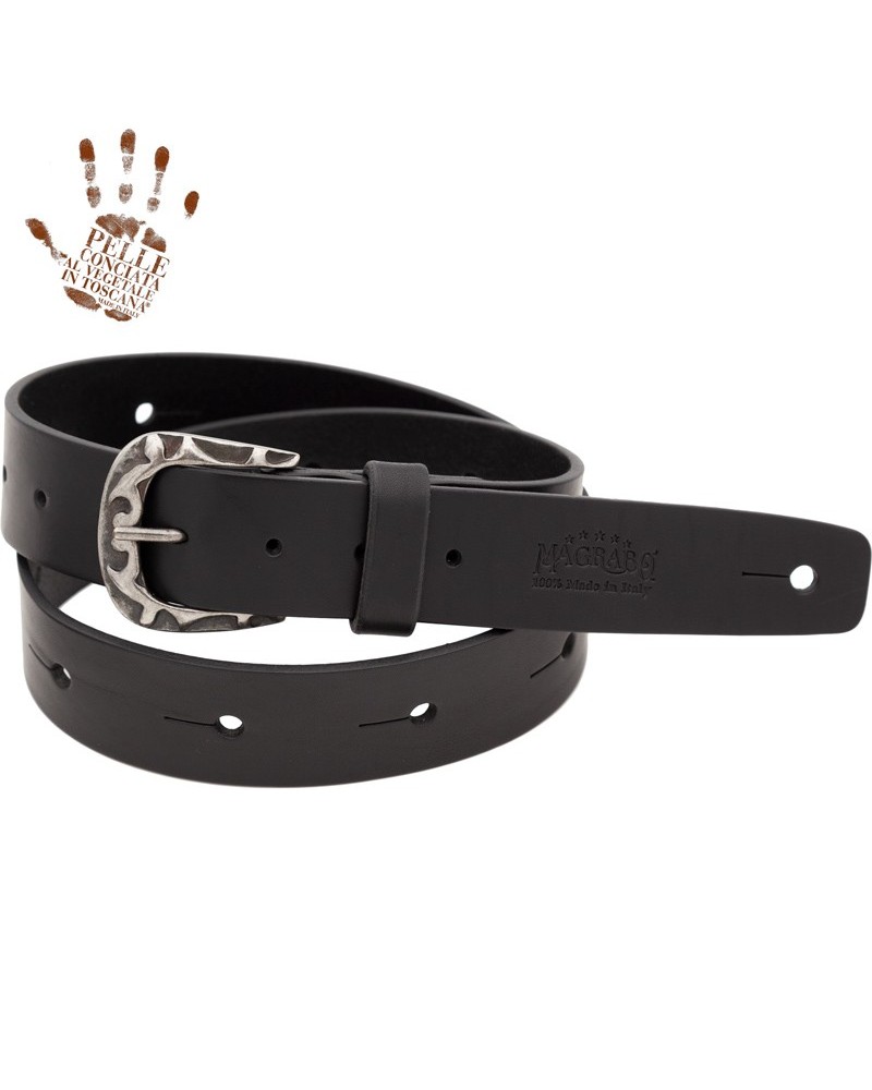 magrabò guitar straps | belt & strap in genuine bull leather, black 4 cm, flames silver buckle