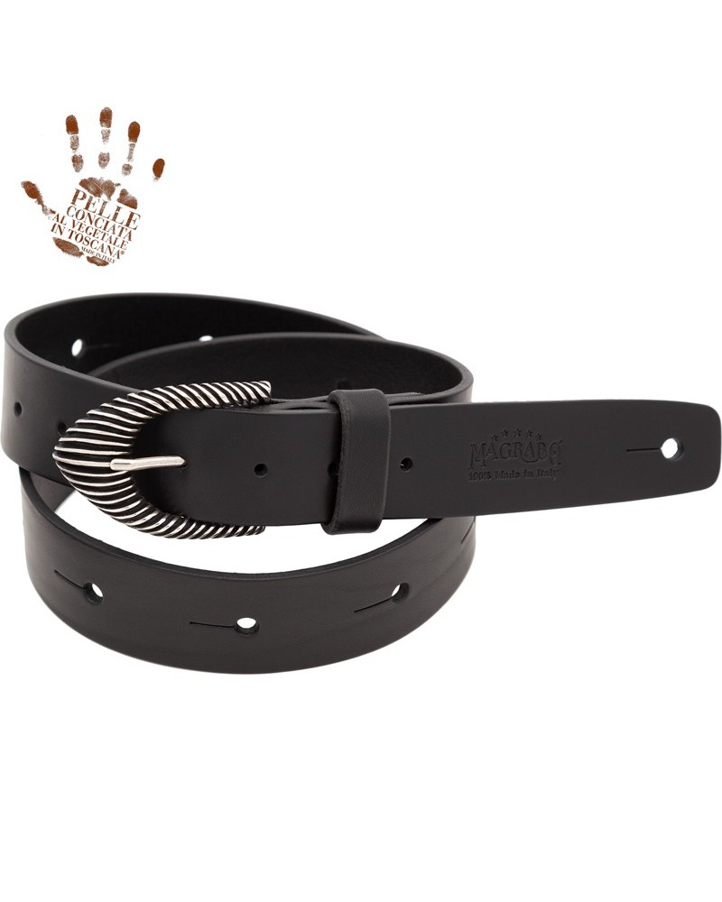 magrabò guitar straps | belt & strap in genuine bull leather, black 4 cm, groove silver buckle