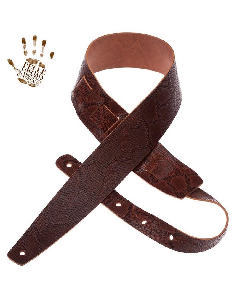 Guitar Strap Brown Certified Vegetable Tanned Leather 6 Cm Snake Holes HC Embossed 