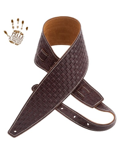 Guitar Strap Brown Certified Vegetable Tanned Leather 10 Cm Intreccio Holes HS Embossed 