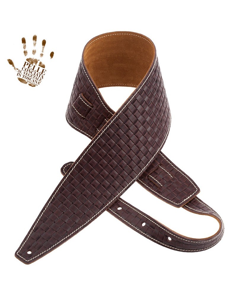 Guitar Strap Brown Certified Vegetable Tanned Leather 10 Cm Intreccio Holes HS Embossed 