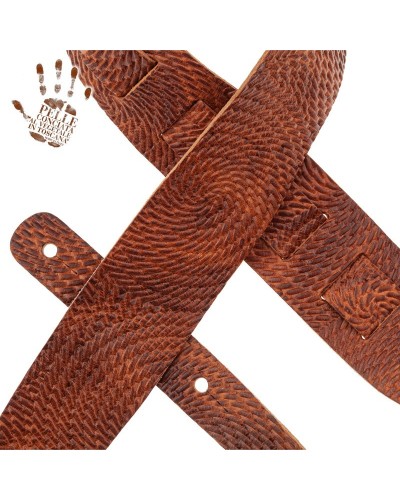 Guitar Strap Brown Certified Vegetable Tanned Leather 6 Cm Swivel Holes HC Embossed 