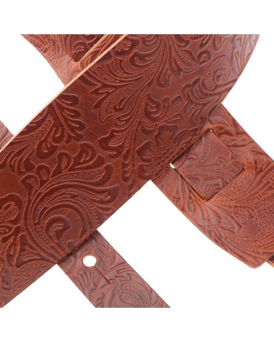 Guitar Strap Brown Certified Vegetable Tanned Leather 8 Cm Flores Holes HC Embossed 