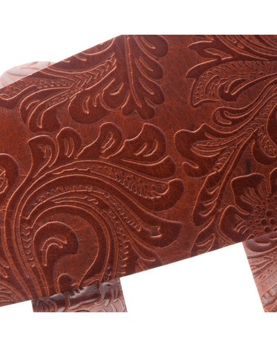 Guitar Strap Brown Certified Vegetable Tanned Leather 8 Cm Flores Holes HC Embossed 