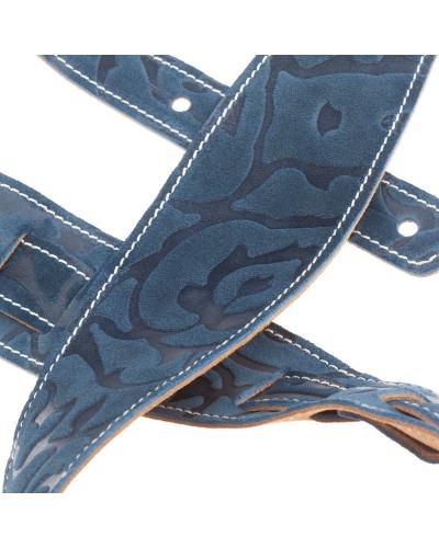 Guitar Strap Blu Genuine Leather 6 Cm Damasco Holes HS Embossed 