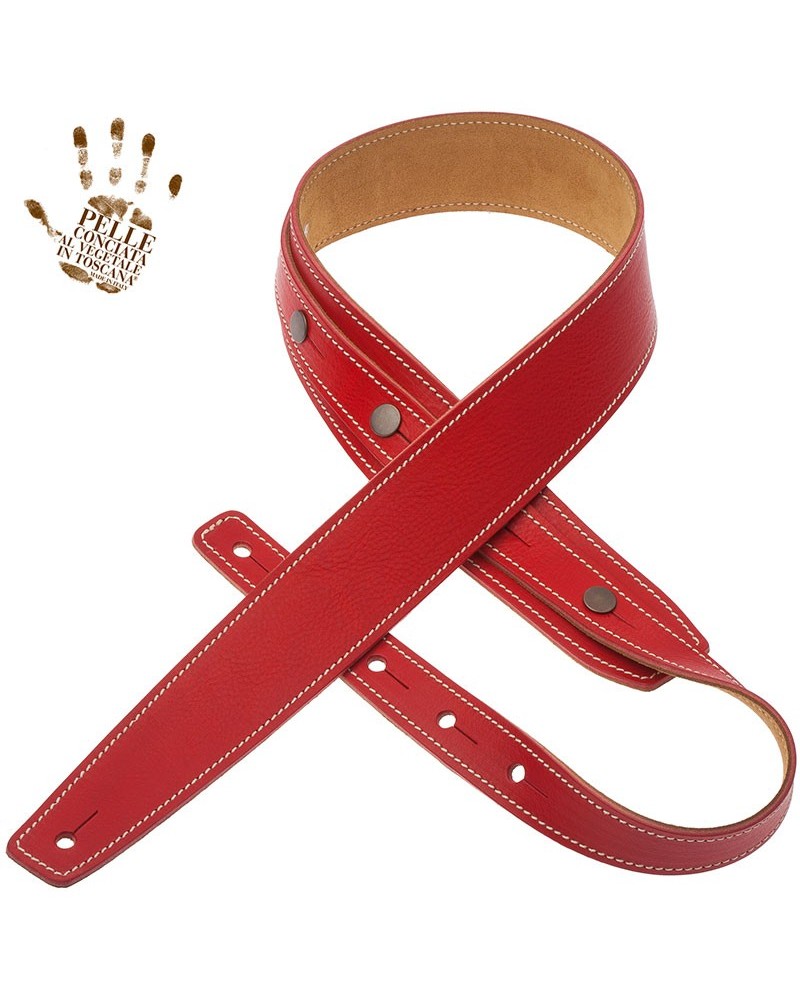 Tracolla per Chitarra e Basso Rosso Vera Pelle Conciata Al Vegetale 5 Cm Buttons BS Core 