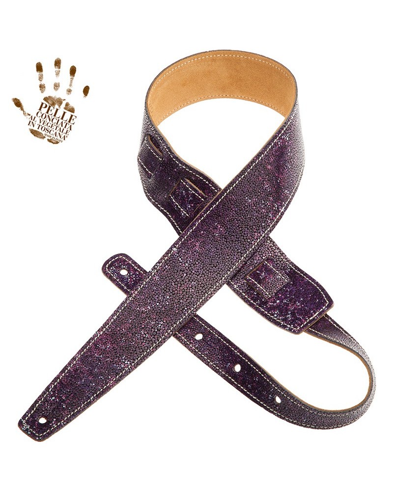 Guitar Strap Violet Certified Vegetable Tanned Leather 6 Cm Seurat Holes HS Embossed 