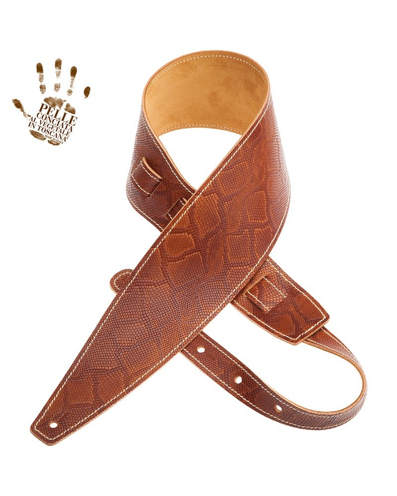 Guitar Strap Brown Certified Vegetable Tanned Leather 10 Cm Snake Holes HS Embossed 