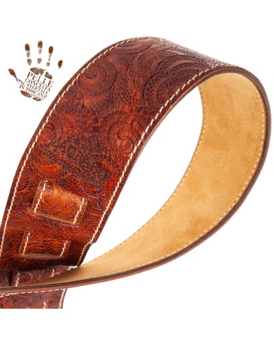 Guitar Strap Brown Certified Vegetable Tanned Leather 6 Cm Ciler Holes HS Embossed 