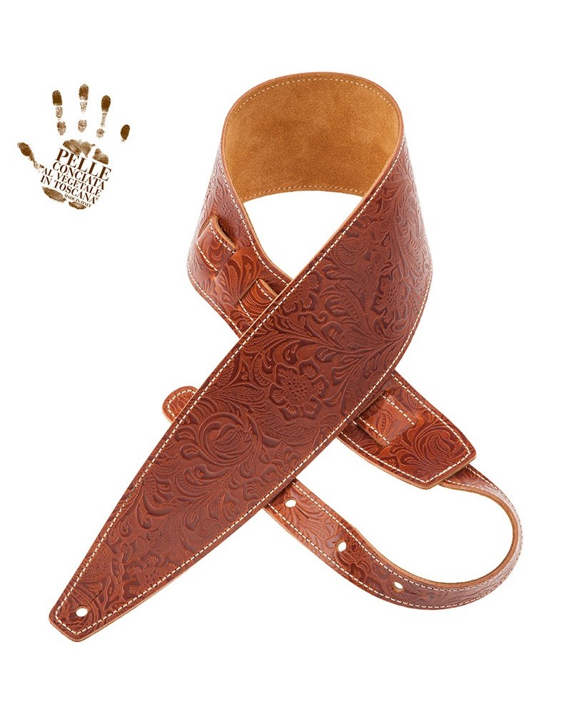 Guitar Strap Brown Certified Vegetable Tanned Leather 10 Cm Flores Holes HS Embossed 