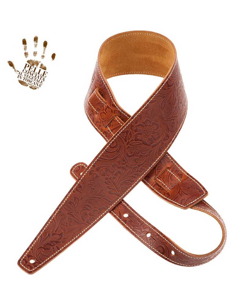 Guitar Strap Brown Certified Vegetable Tanned Leather 8 Cm Flores Holes HS Embossed 