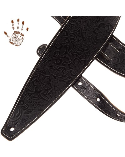 Guitar Strap Black Certified Vegetable Tanned Leather 10 Cm Flores Holes HS Embossed 