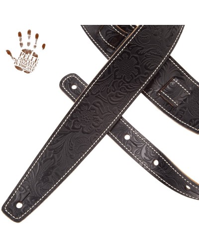 Guitar Strap Black Certified Vegetable Tanned Leather 6 Cm Flores Holes HS Embossed 