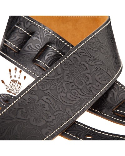 Guitar Strap Black Certified Vegetable Tanned Leather 6 Cm Flores Holes HS Embossed 