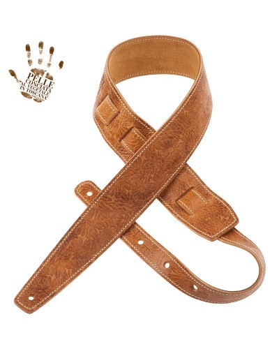 Guitar Strap Brown Certified Vegetable Tanned Leather 6 Cm Spring Holes HS Embossed 