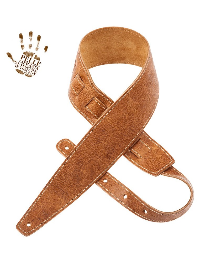 Guitar Strap Brown Certified Vegetable Tanned Leather 8 Cm Spring Holes HS Embossed 