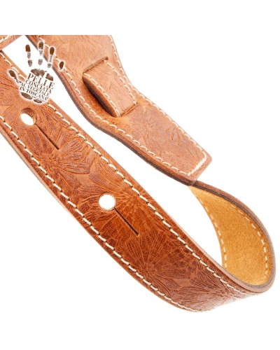 Guitar Strap Brown Certified Vegetable Tanned Leather 8 Cm Spring Holes HS Embossed 