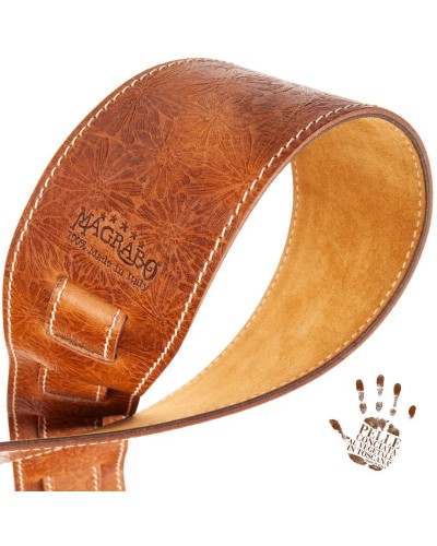 Guitar Strap Brown Certified Vegetable Tanned Leather 8 Cm Spring Holes HS Embossed 