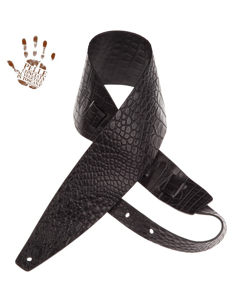 Tracolla per Chitarra e Basso Nero Vera Pelle Conciata Al Vegetale 10 Cm Cocco Pros Holes HC Embossed 