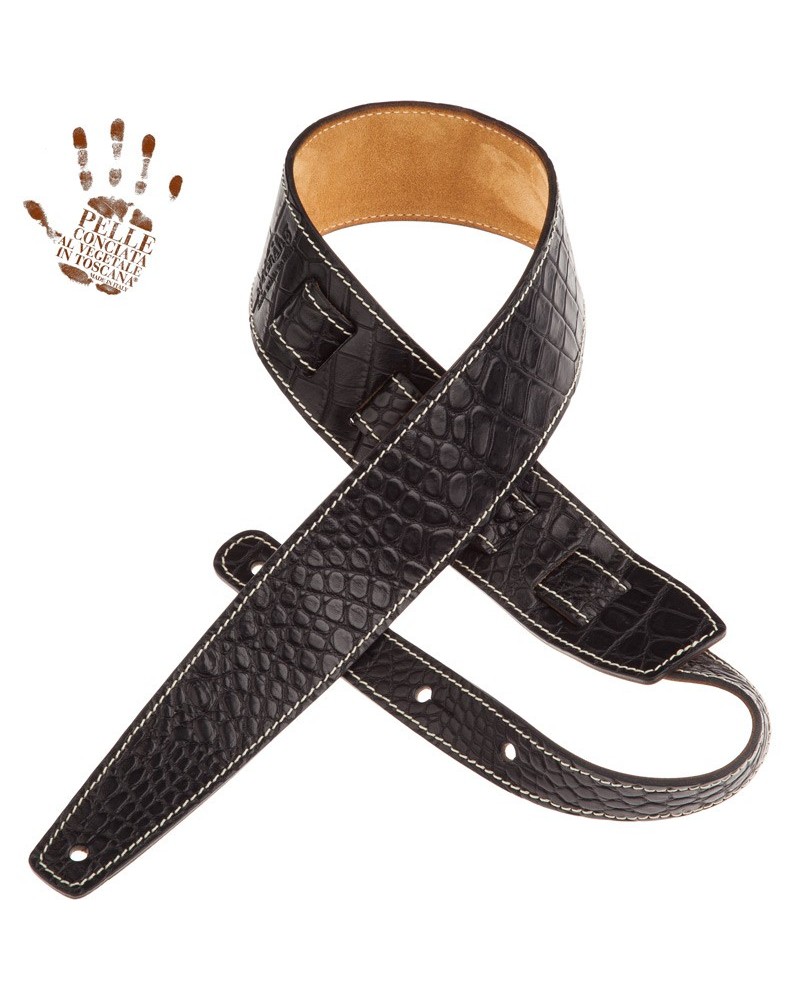 Guitar Strap Black Certified Vegetable Tanned Leather 6 Cm Cocco Pros Holes HS Embossed 