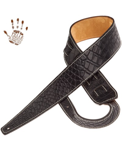 Tracolla per Chitarra e Basso Nero Vera Pelle Conciata Al Vegetale 6 Cm Cocco Pros Holes HS Embossed 