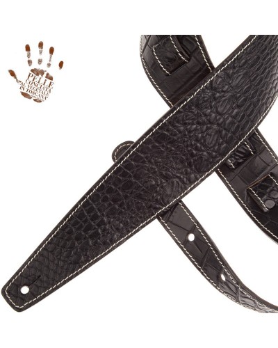 Tracolla per Chitarra e Basso Nero Vera Pelle Conciata Al Vegetale 8 Cm Cocco Pros Holes HS Embossed 