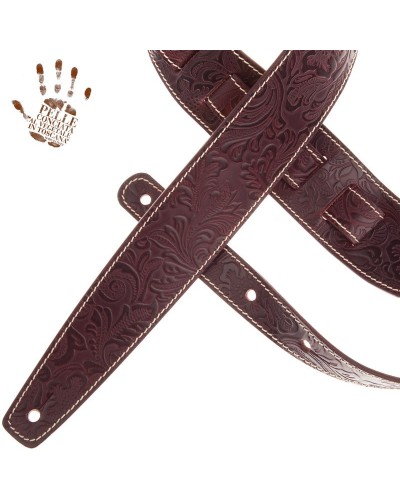 Guitar Strap Bordeaux Certified Vegetable Tanned Leather 6 Cm Flores Holes HS Embossed 